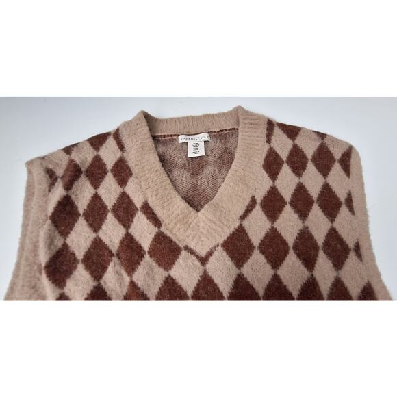 Sincerely Jules Fuzzy V neck Argyle Sweater Vest Brown Tan Size M Academia - Picture 4 of 8